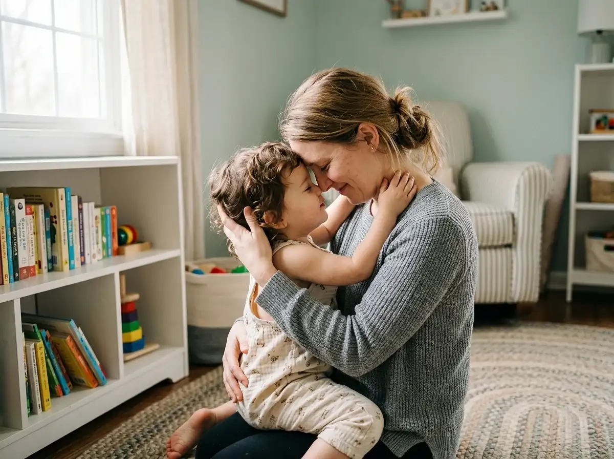 Madre abrazando cariñosamente a su pequeño en momento de conexión y calma