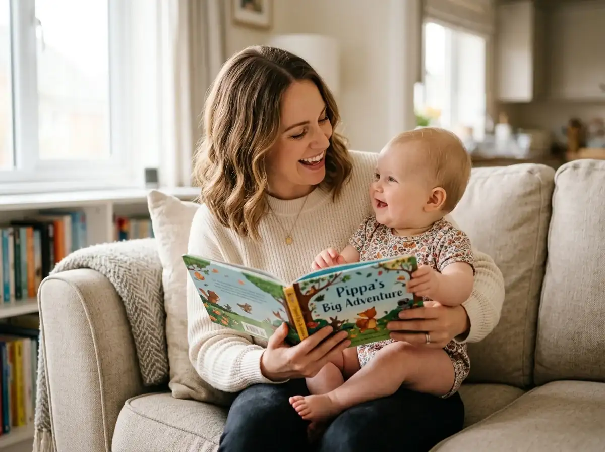 Mamá leyendo cuento ilustrado y conversando cara a cara con su bebé sonriente