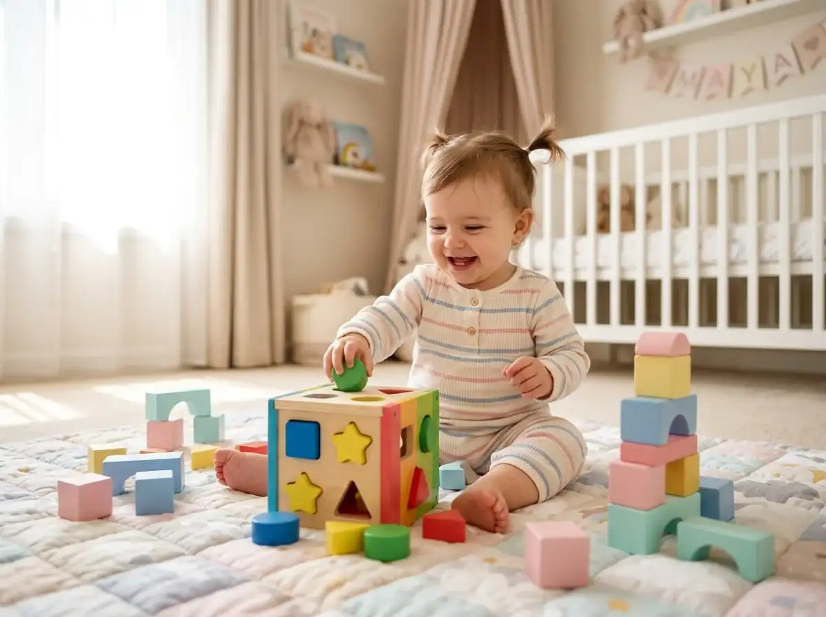 Bebé jugando y aprendiendo con cubos de formas y colores en manta de estimulación