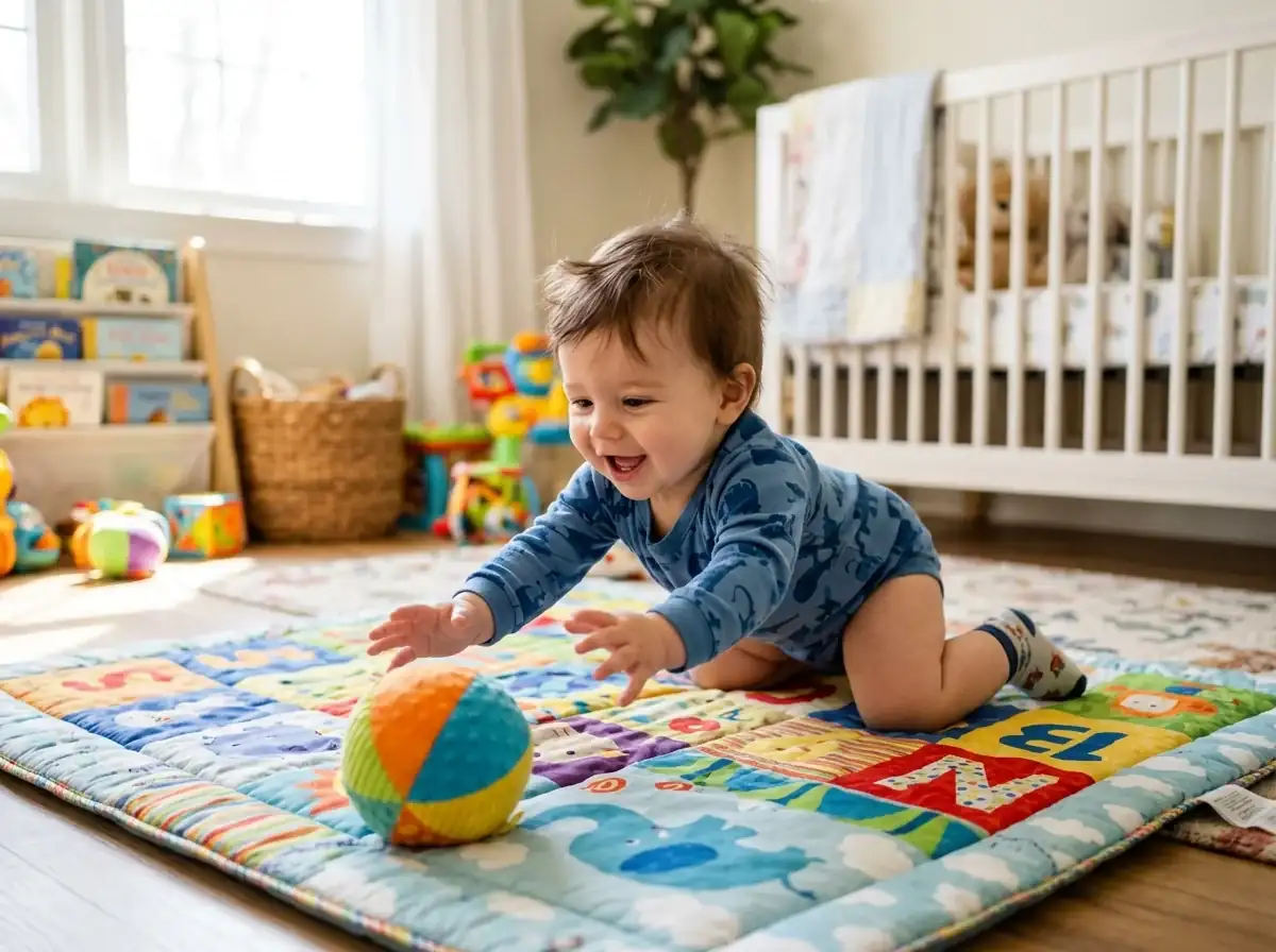 Bebé gateando activamente y alcanzando pelotas sensoriales en colchoneta