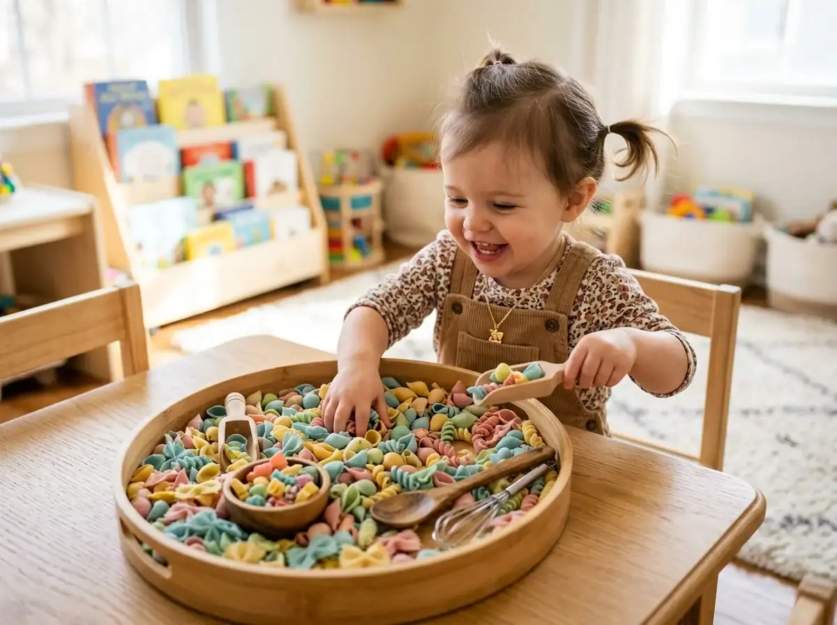Niña pequeña manipulando alegremente bandeja sensorial con pastas de colores y cucharas de madera