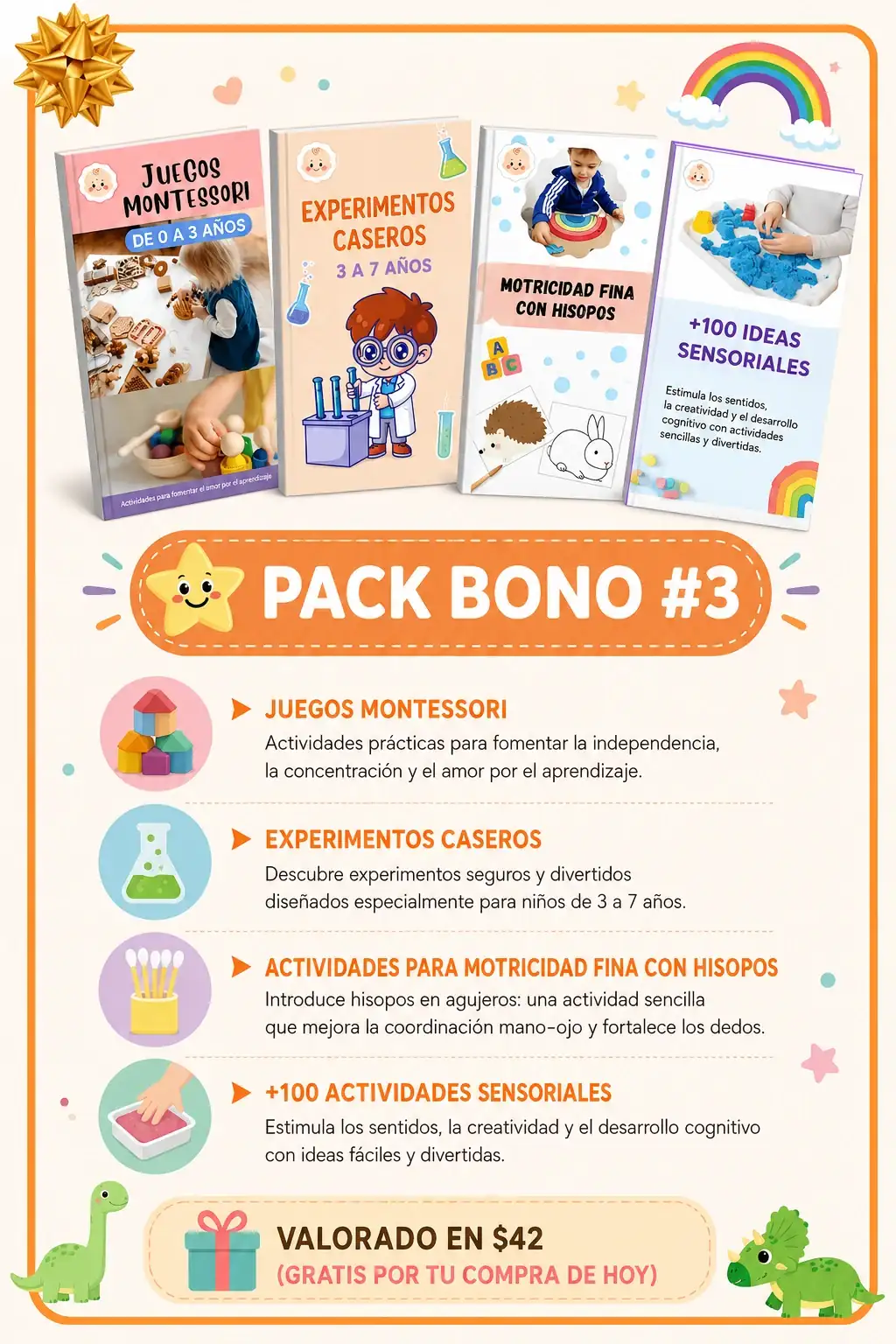 Pack Bono 3: Juegos Montessori, Experimentos caseros, Motricidad fina con hisopos y 100 ideas sensoriales