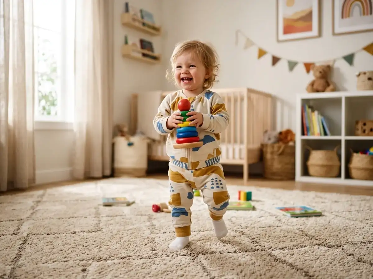 Niño pequeño de 18 meses dando pasos firmes y jugando con aros apilables