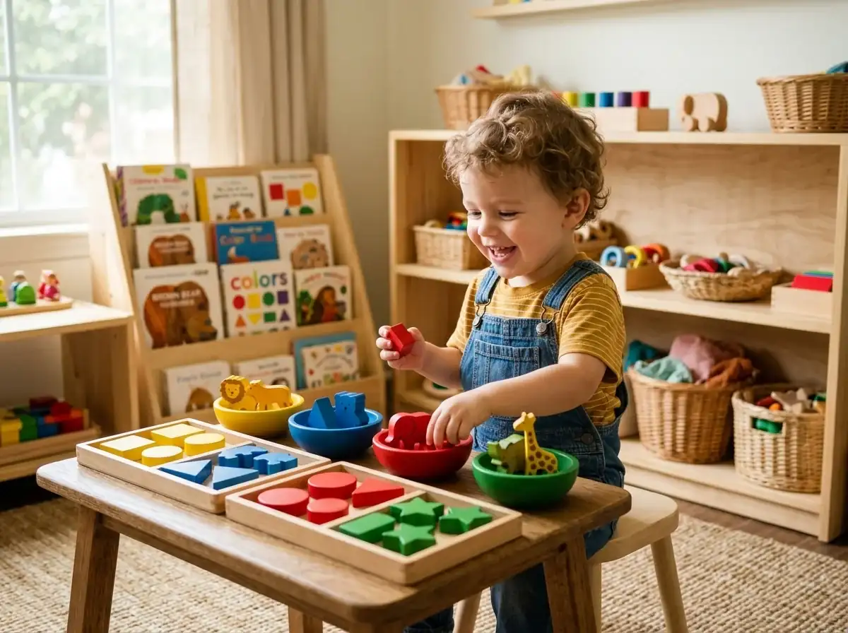 Niño de 2 a 3 años clasificando alegremente figuras geométricas en mesa Montessori