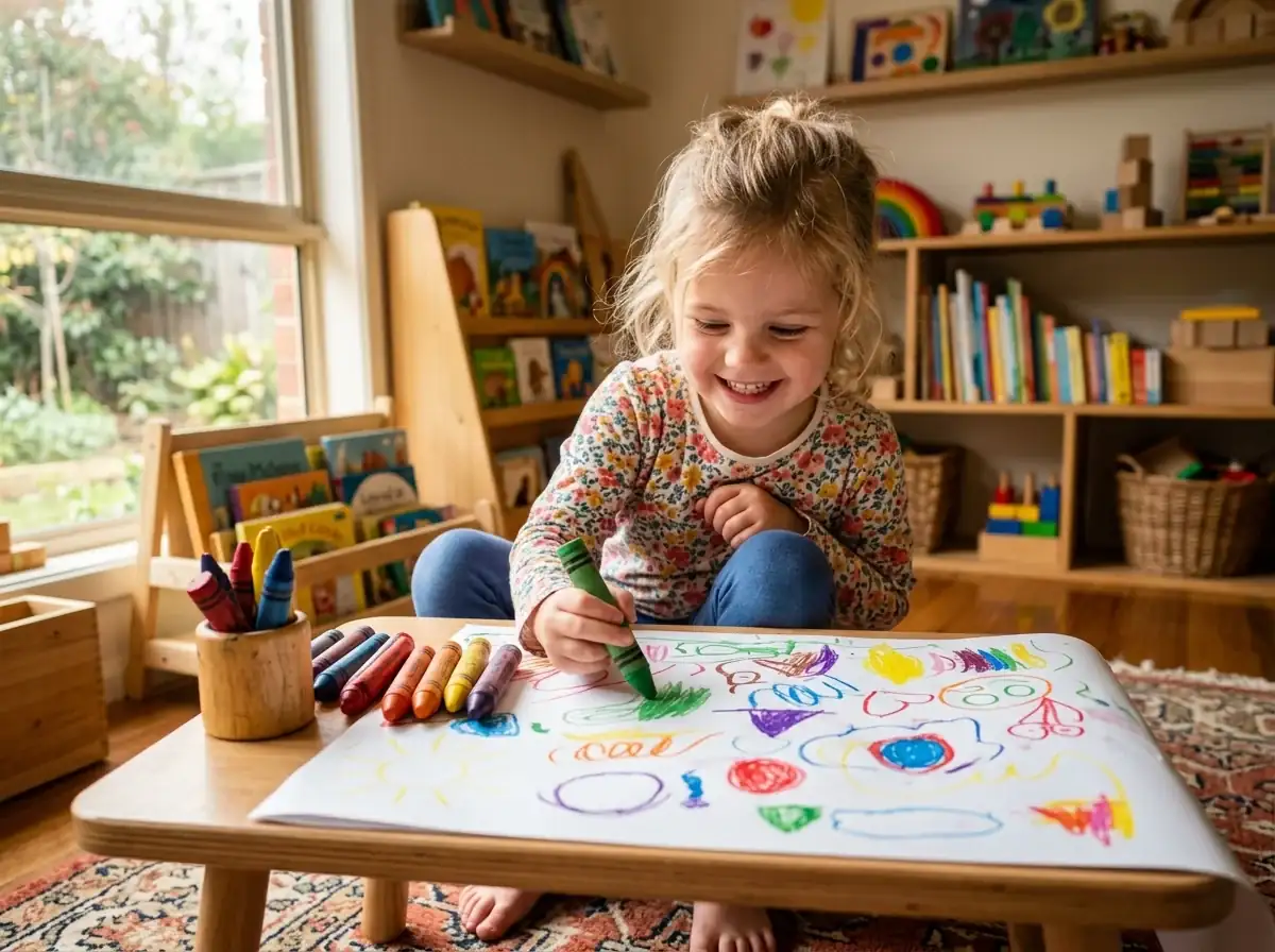Niña de 3 a 4 años dibujando y coloreando con crayones gruesos en papel