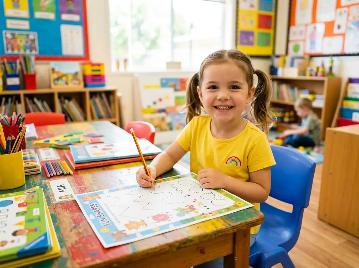 Niña en edad preescolar de 4 a 5 años trazando líneas y laberintos con lápiz correctamente